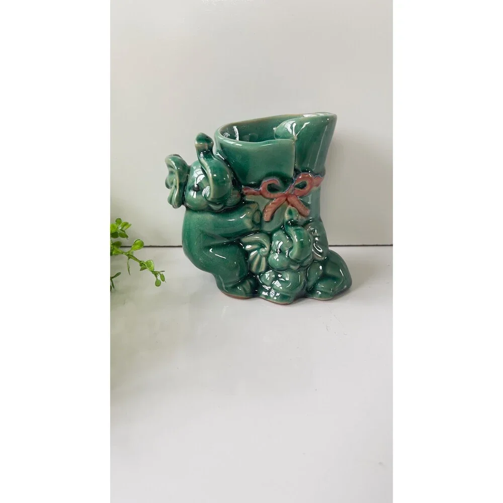 Vintage Elephant and Baby Majolica Green Ceramic Planter
